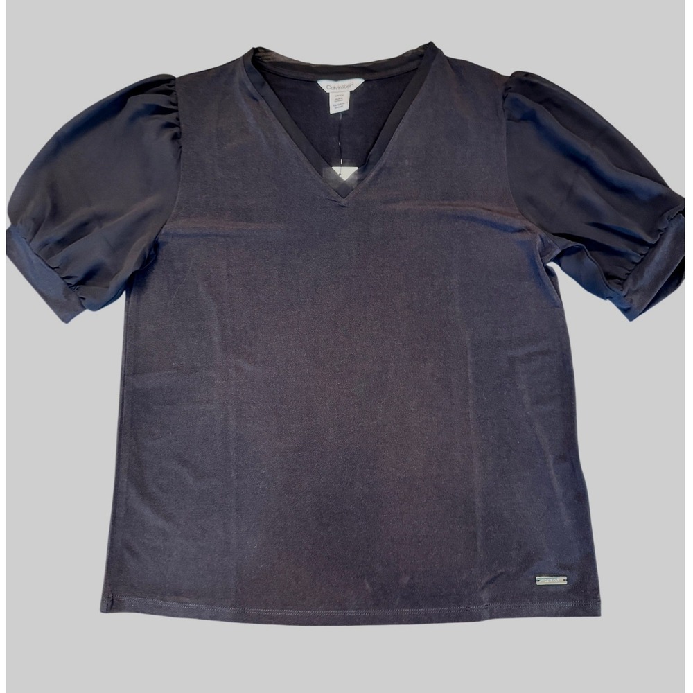 Calvin Klein Black Puff Sleeve V-Neck Top - Small